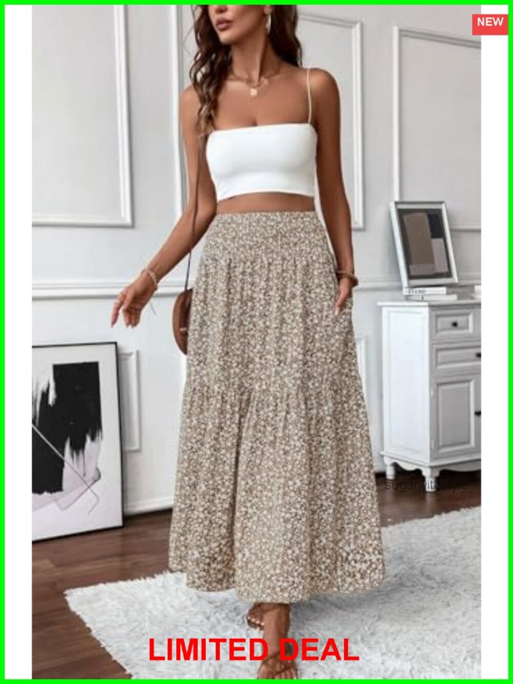 Boho Maxi Skirt Floral Smocked High Waist Long Skirt with Pockets - Picture 3 of 6